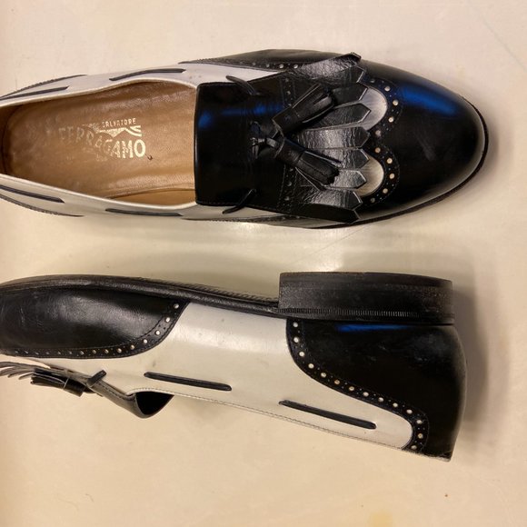 Salvatore Ferragamo Mens Black White Leather Spectator Loafer Shoes Size 12 D - Picture 6 of 6